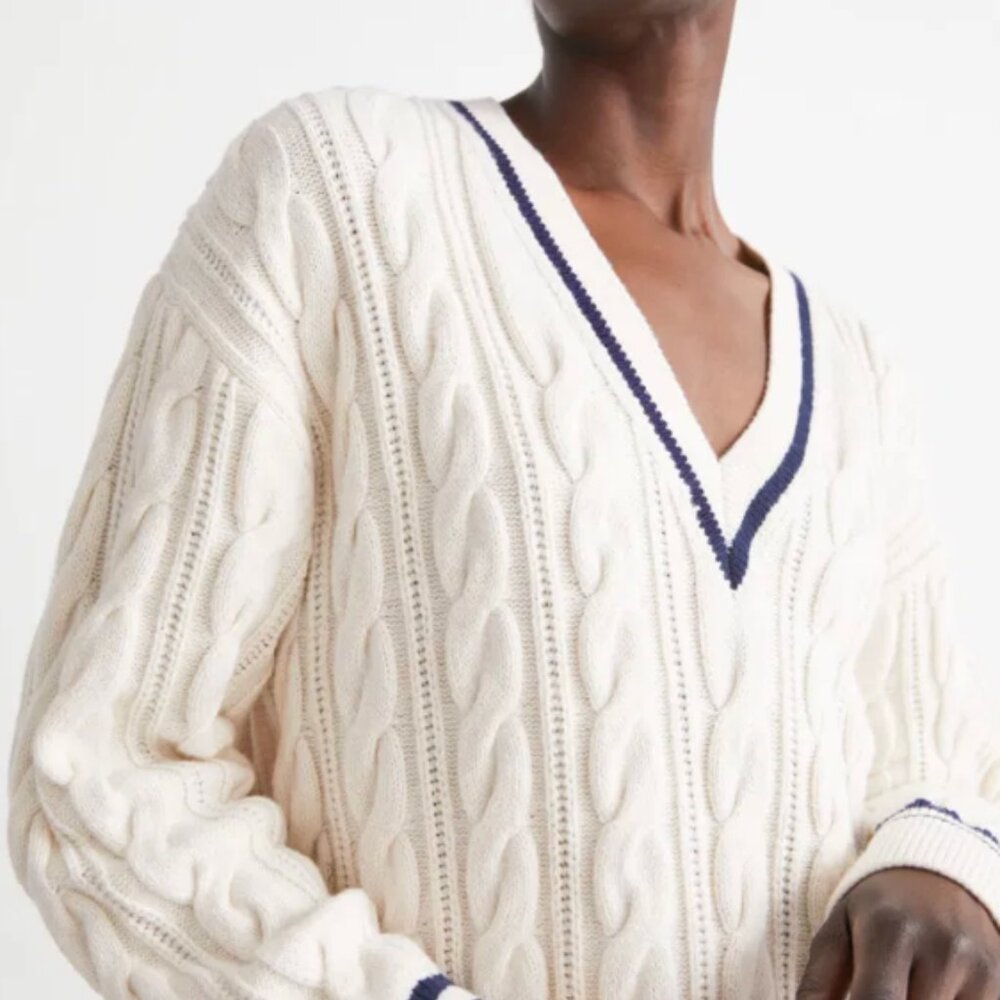 & Other Stories Cream V-Neck Cable Knit Sweater - Picture 2 of 8